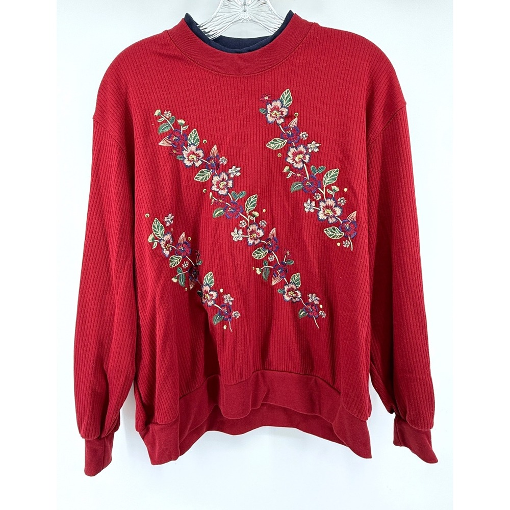 BonWorth Red Ribbed Floral Embroidered Sweatshirt Petite Large Vintage Style